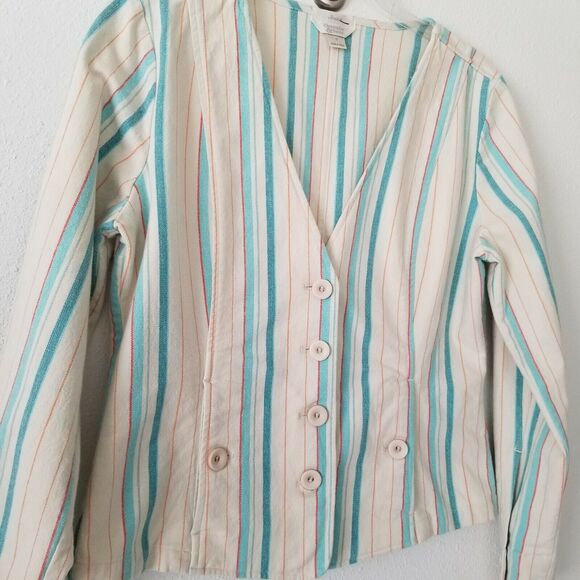 Christopher & Banks Blazer Aqua Blue & Cream Striped Stretch Pockets Small Y2K - Picture 2 of 8